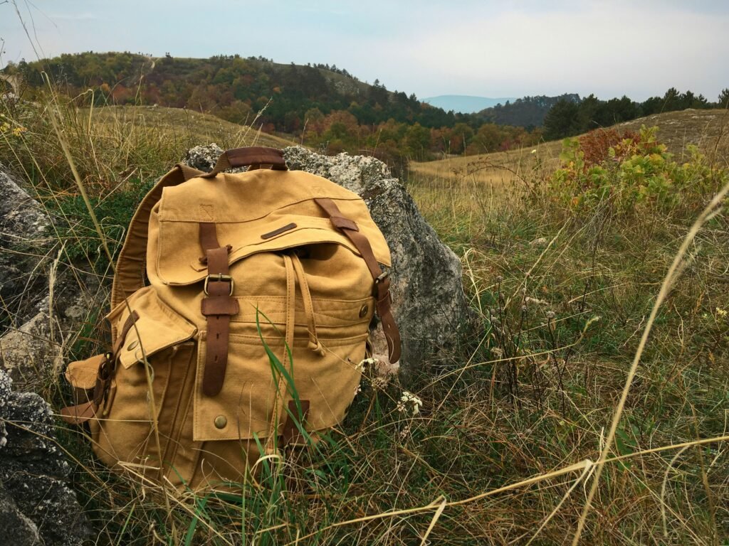 tan backpack resting on a rock in a grassy field